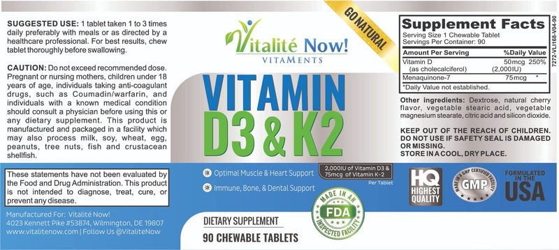 Vitamin D3 2000 IU + K2 - Optimized Absorption in Best Form MK7 | Lung Health, Strong Bones & Healthy Heart - All Natural - Cherry Flavor - 90 Chewable Tablets - 3 Month Supply!