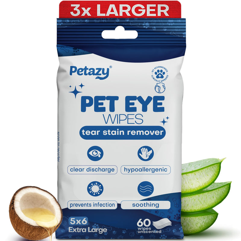 Petazy Tear Stain Remover Wipes for Dogs and Cats - Extra Large 5 x 6 in Hypoallergenic Pet Eye and Face Wipes for Discharge and Crust, Unscented, 50 Count 60 XL EYE WIPES