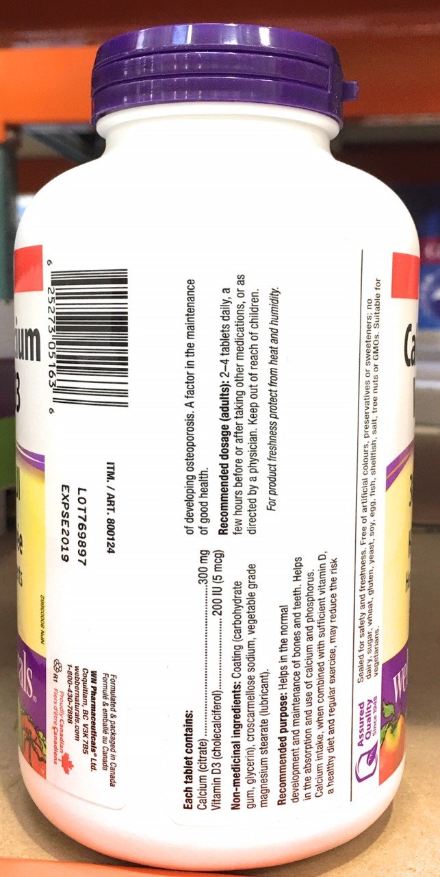 Webber Naturals Calcium Citrate Vitamin D3, 300mg / 200IU High Absorption, 350 Tablets