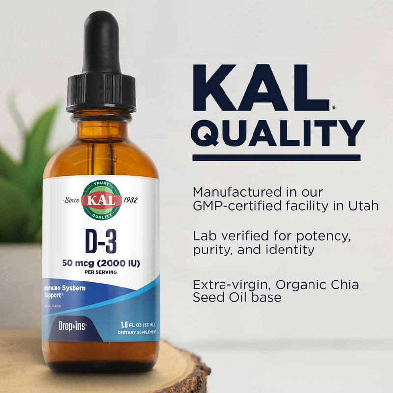 KAL Vitamin D3 2000 IU (50 mcg) DropIns - Liquid Vitamin D3 Drops - Bone Strength and Immune Support Supplement - Vegetarian, 60-Day Guarantee, Approx. 590 Servings, 1.8oz | Bone Strength and Immune Support, Vegetarian, 60-Day Guarantee, Approx. 590 Se...