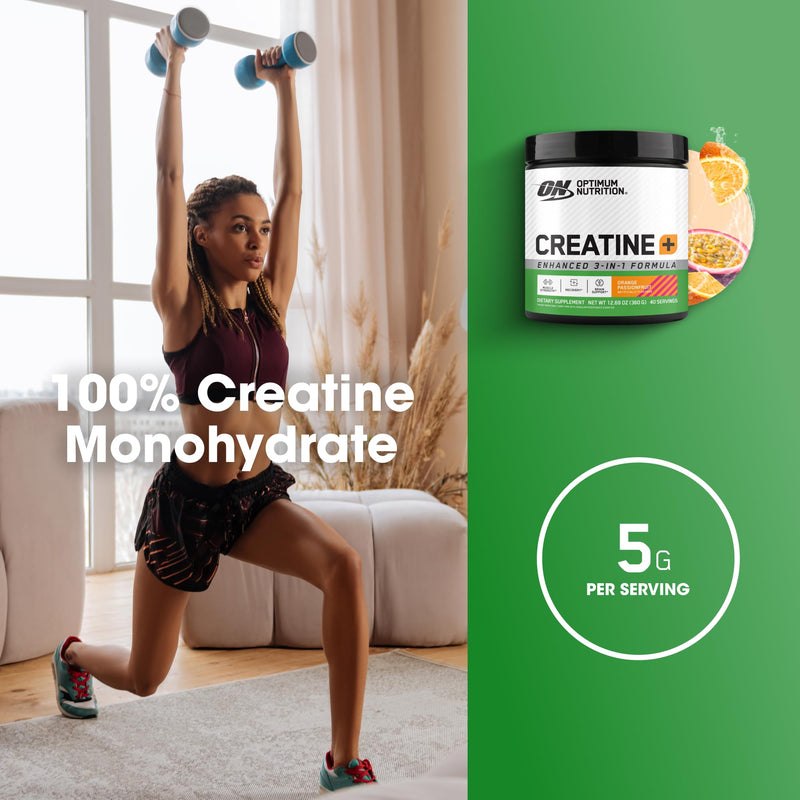 Optimum Nutrition Creatine Monohydrate Plus Powder, Orange Passionfruit Flavored Creatine Performance Blend With Electrolytes for Hydration, Added Vitamins, 40 Servings, 360 Grams (Packaging May Vary) | Monohydrate Creatine Performance Blend, with Elec...