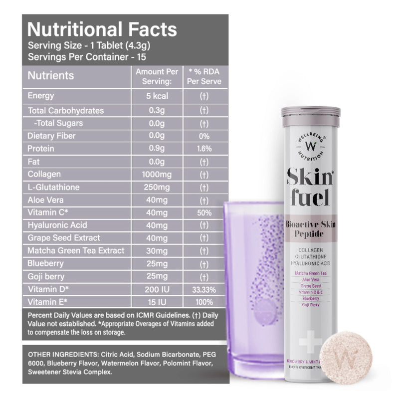 WELLBEING NUTRITION Skin Fuel with Collagen, L-Glutathione, Hyaluronic Acid, Matcha Green Tea, Aloe Vera, Grape Seed, Vitamin C, E - 30 Effervescent Tablets