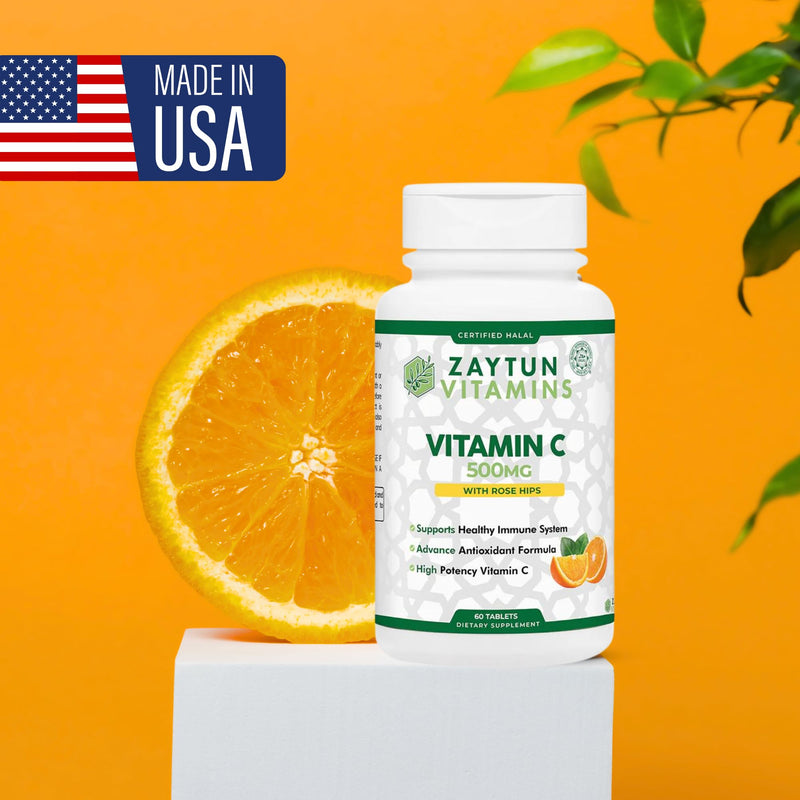 Zaytun Halal Vitamin C 500mg Supports Immune System, Natural Antioxidant, Vegetarian, Gluten-Free, 2 Months Supply, Halal Vitamins