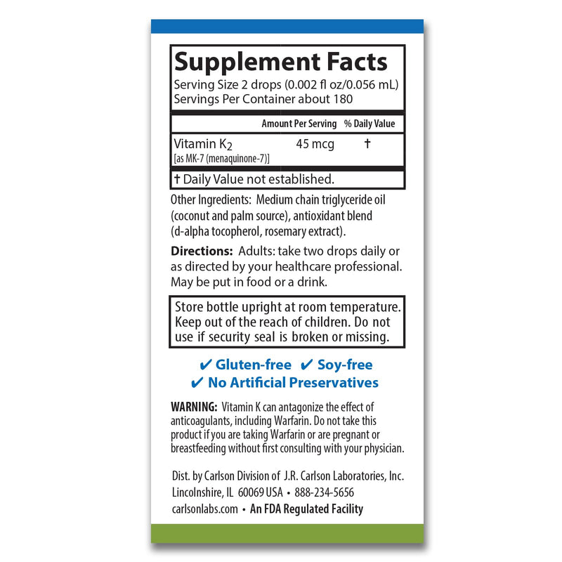 Carlson Super Daily K2, 45 mcg, Liquid Vitamin K, 360 Drops (10.16 mL) | Unflavored; Bone Health; K2 Vitamin; Vitamin K Supplement; Vitamin K-2 MK7 0.34 Fl Oz (Pack of 1)
