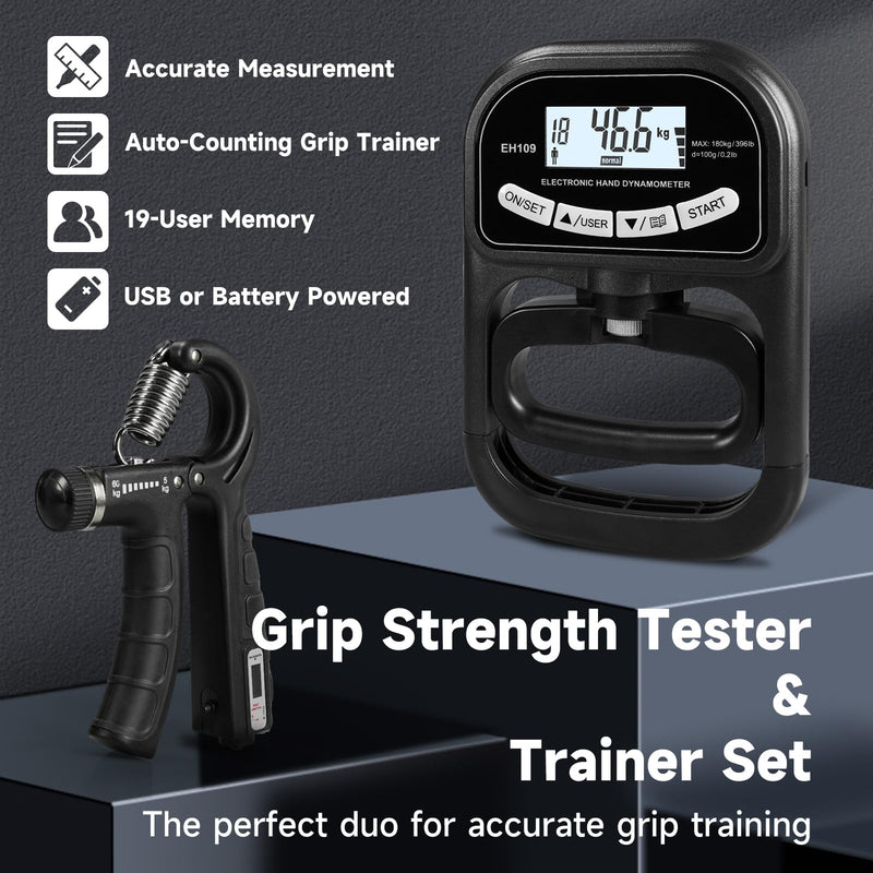 Digital Grip Strength Tester & Trainer Set – LCD Hand Dynamometer with 19-User Memory, USB or Battery Powered + Electronic Grip Exerciser with 1-Touch Reset – Fitness Gift for Men