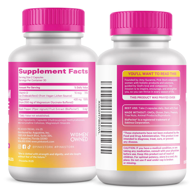 Pink Stork Magnesium Glycinate with Vitamin D for Women, 60 Servings | Magnesium Supplement, Support Natural Calm and Quality Sleep, Hormone Balance for Women, 2 Month Supply Unflavored 60 Count (Pack of 2)