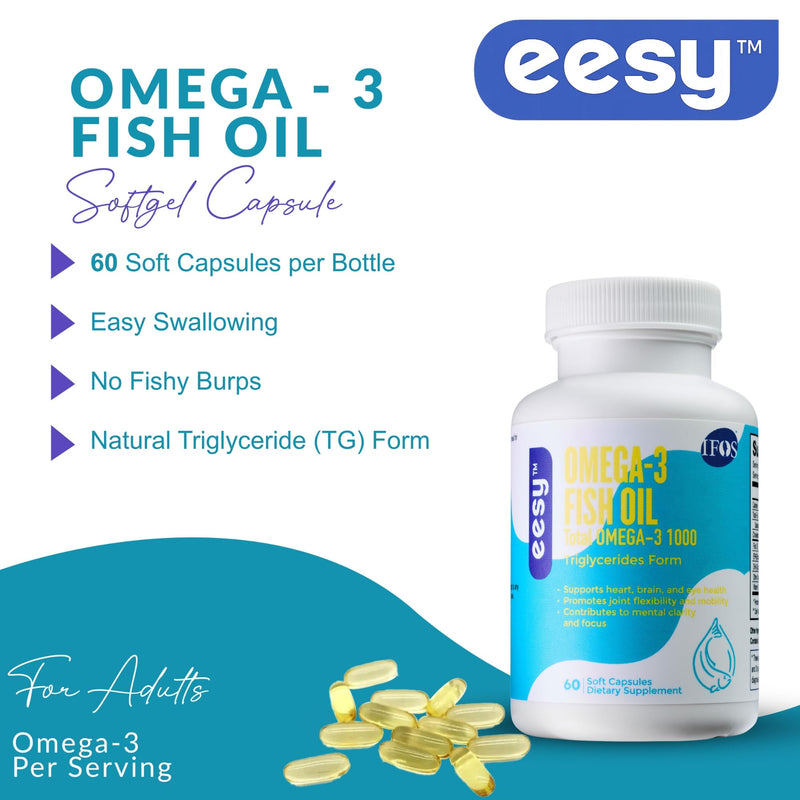 EESY Omega-3 Fish Oil Supplement, Supports Heart, Brain & Eye Health, Promotes Joint Mobility, EPA & DHA in Natural Triglyceride (TG) Form, 60 Soft Capsules, Dietary Supplement, Fatty Acid, USA Made