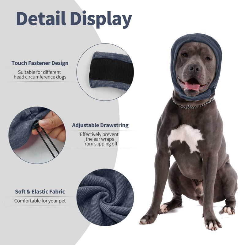 Nanaki Dog Calming Hoodie No Shake Ear Wraps for Dogs, Adjustable Head Protection Cover Doggy Muffs Head Warp, Pet Hematoma Ear Wrap for Anxiety Relief, Grooming and Force Drying, Bathing, Fireworks L(Head Girth:18.5"-24.4") Grey