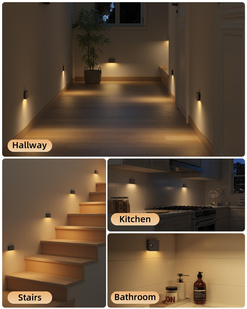 EZVALO 6 Pack Motion Sensor Night Lights with Charging Station, Sync LED Stair Lights Indoor, 1500mAh Rechargeable, Magnetic & Dimmable, 3000K Soft White, Portable Nightlight for Hallway (Black) Black 6pack with station