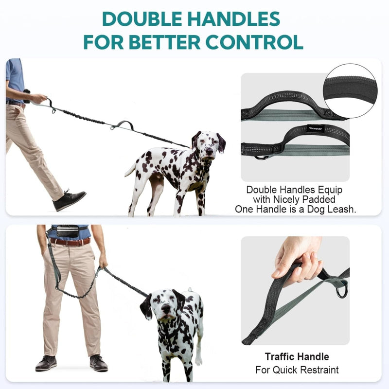 Hands Free Dog Leash with Pouch, Dual Attachment for Two Dogs, Retractable Bungee with Double Padded Handles, Waist-Mounted for Running,Walking, Jogging Friendly Dog Accessories (Black/Silver Gray) Black/Silver Gray