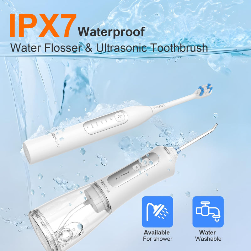H2ofloss Sonic Electric Toothbrush and Water Flosser Combo, Rechargeable 2000mAh Toothbrush and 2500mAh Oral Irrigator with 300ml Tank, 4 Brush Heads, 5 Nozzles, 2 in 1 for Home and Travel (White) White