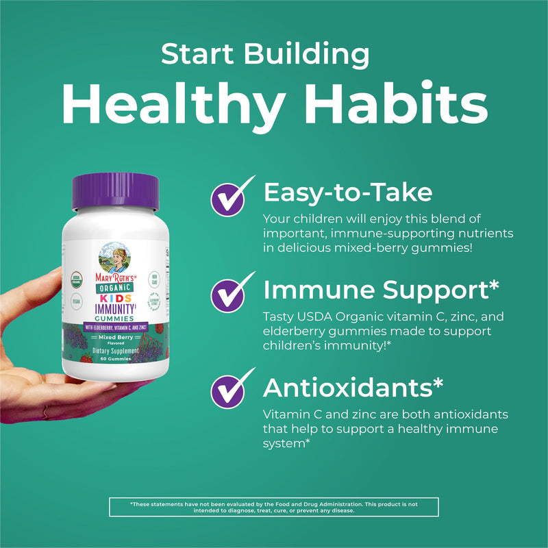 MARYRUTH'S Organic Kids Immune Support Gummies with Elderberry, 60 Count | USDA Organic, Vitamin C, Zinc, and Elderberry, Ages 4+, Vegan, Non-GMO, Gluten Free, 60 Count