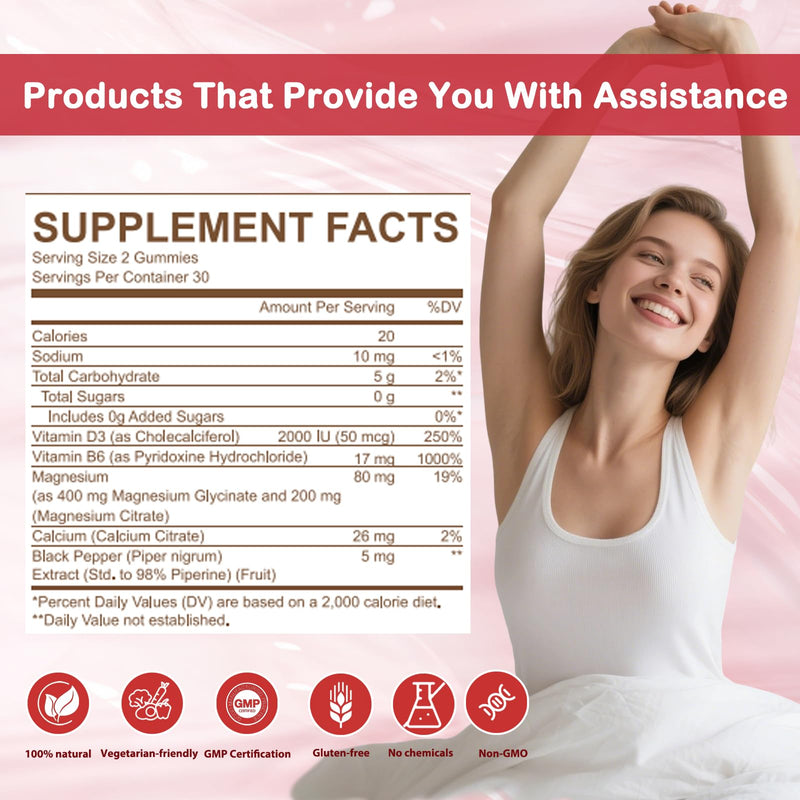 Magnesium Glycinate Gummies 400mg Sugar Free: Calm Magnesium Supplement for Women & Men, Sleep Support, Muscle & Bone Health Complex with Vitamin D3 B6 Calcium, Chewable Strawberry Gummy for Adults