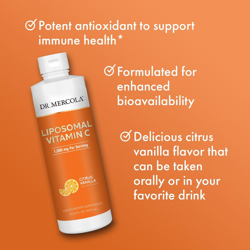 Dr. Mercola Liquid Liposomal Vitamin C - Antioxidant & Immune Support Supplement - Includes Vitamin E - GMO-Free, Gluten-Free & Soy-Free - Citrus Vanilla Flavor - 450 mL (30 Servings) 15.2 Fl Oz (Pack of 1)
