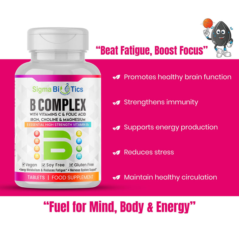 Vitamin B Complex with Vitamin C, Iron, Magnesium & Choline - High Potency B1-B12 Tablets - Energy, Metabolism & Nervous System Support - Vegan, Non-GMO - 90 Tablets