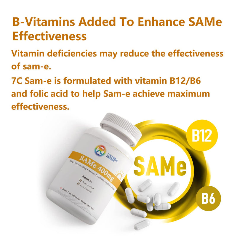 7c Sam e 400mg Supplement with Vitamin B6, B12, 60 Enteric Coated Capsules | Sam-e 400mg (S-Adenosylmethionine) with Vitamin B6, B12, Support Mood, Liver and Joint, Vegan, Non-GMO, Gluten-Free