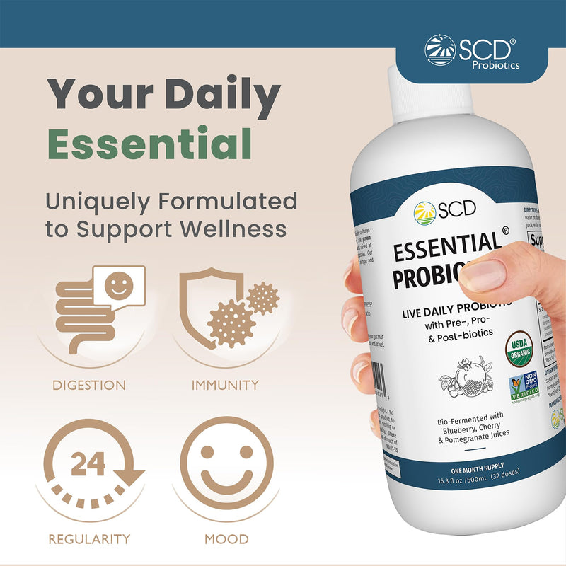 SCD Probiotics Essential Probiotics Gut Health Drink with Prebiotics, 16 oz | All Ages 2+, 11 Live Strains, Acidophilus, Certified Organic, Vegan, Gluten Free, 30 Servings, Double Sealed, Zero Sugar 16 Fl Oz (Pack of 1)