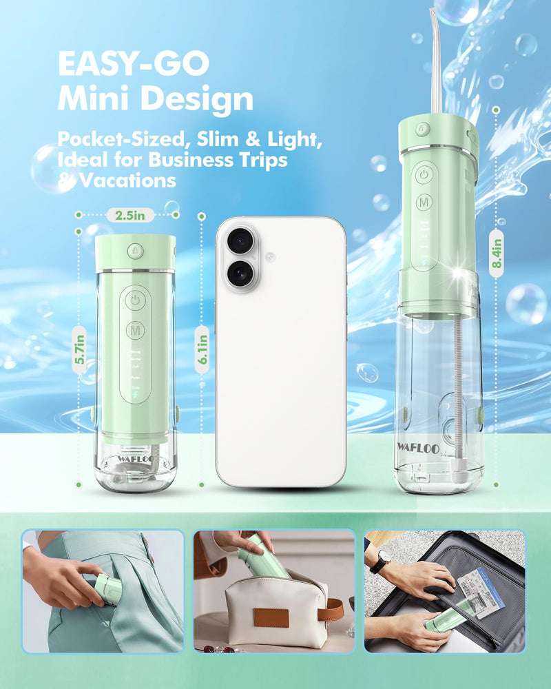 Water Flosser Travel Mini Cordless Portable: 5 Modes Water Dental Floss with Telescopic Water Tank, 4 Tips, IPX7 Waterproof (Green) Green