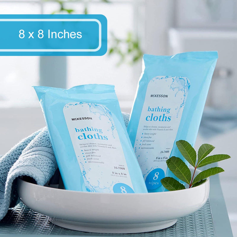 McKesson Bathing Cloth with Aloe & Vitamin E No Rinse Shower &, 8 Wipes | Disposable Washcloths, pH Balanced, Fresh Scent, Singe Use Shower Wipes, Purified Water