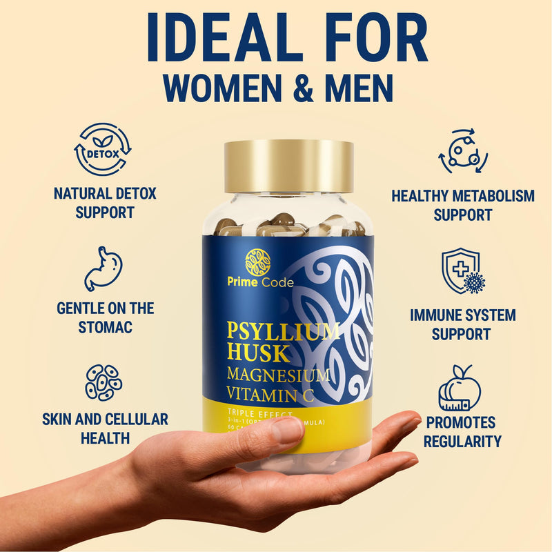 Prime Code [ 3 𝐢𝐧 𝟏] Psyllium Husk Capsules with Magnesium Citrate and Vitamin C | Psyllium Husk Capsules 1000mg | Magnesium Citrate 200mg | Vitamin C 250mg | Non-GMO | Gluten & Soy Free | Vegan
