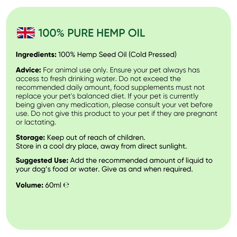 Hemp Oil for Dogs 60ml - Pure, Natural & Cold-Pressed - Dog Calming Products for Loud Noises, Car Rides & Home Alone Time - Rich in Omega 3, 6 & 9 - Dog Calming Drops for Skin, Coat, Bones & Joints