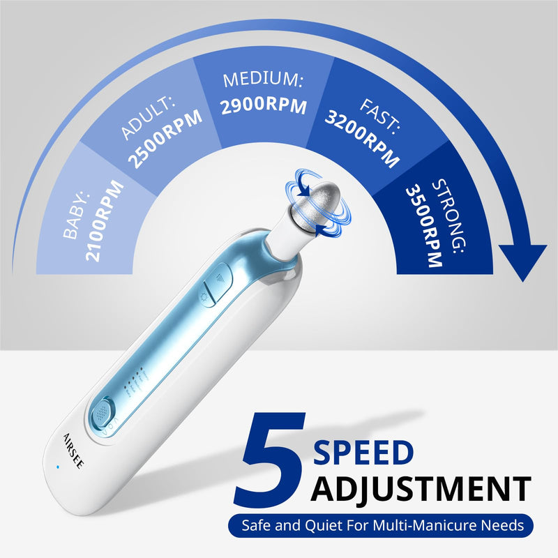 AIRSEE Professional Manicure Pedicure Kit,Cordless 6 in 1 Electric Nail File for feet,5 Speed Rechargeable Pedicure Tools for Thick Nail Toenail Cuticle, Hand Feet Trimmer Buffer for Women Men,Blue Blue
