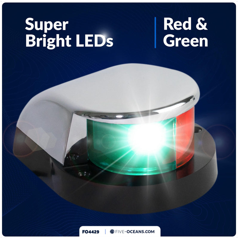 Five Oceans LED Boat Navigation Lights - Red & Green Bi-Color Bow Light, Horizontal Mount, 12V, USCG Compliant, 2NM Range for Pontoon & Fishing Boats - FO4429 Chrome-plated zinc Housing - BeesActive Australia