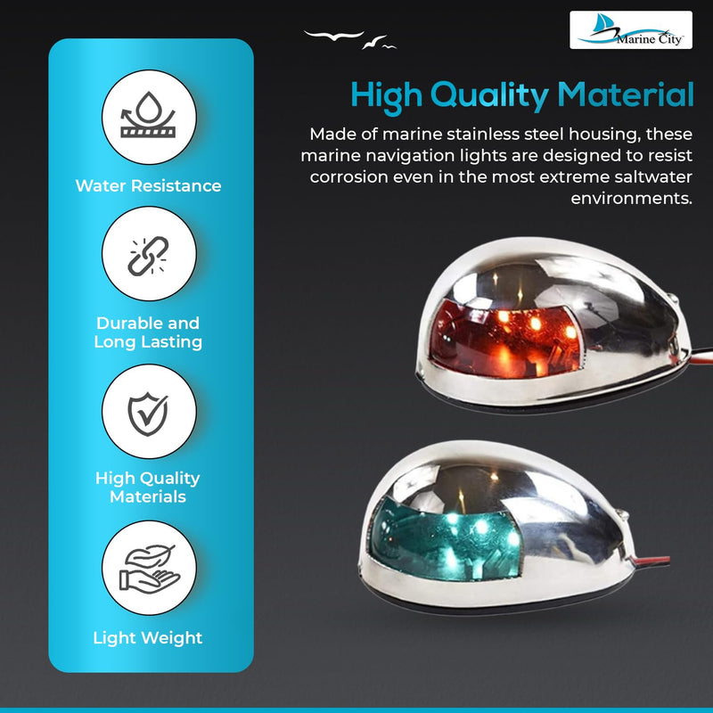 MARINE CITY LED Navigation Side Lights – Stainless Steel, Corrosion-Resistant, Waterproof, 3-3/16 Inches Length, Red & Green Bow/Stern Lights for Pontoon, Yacht & Boats (1 Set) - BeesActive Australia