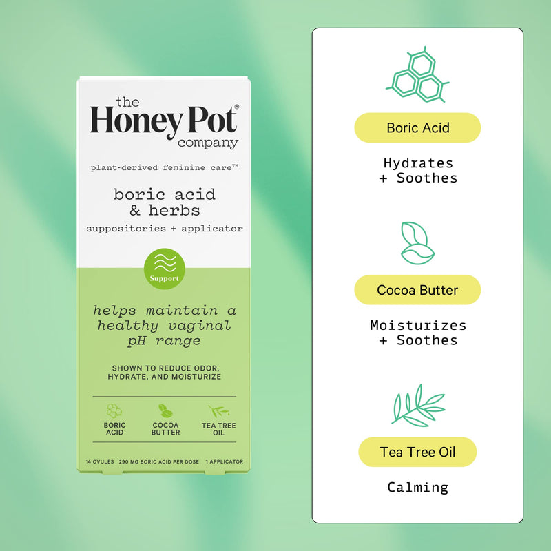 The Honey Pot Company 7 Day Boric Acid & Herbs Suppositories - Maintains and Balances Healthy Vaginal pH, Manages Odor, Hydrates, & Moisturizes. Gynecologist Approved. - BeesActive Australia