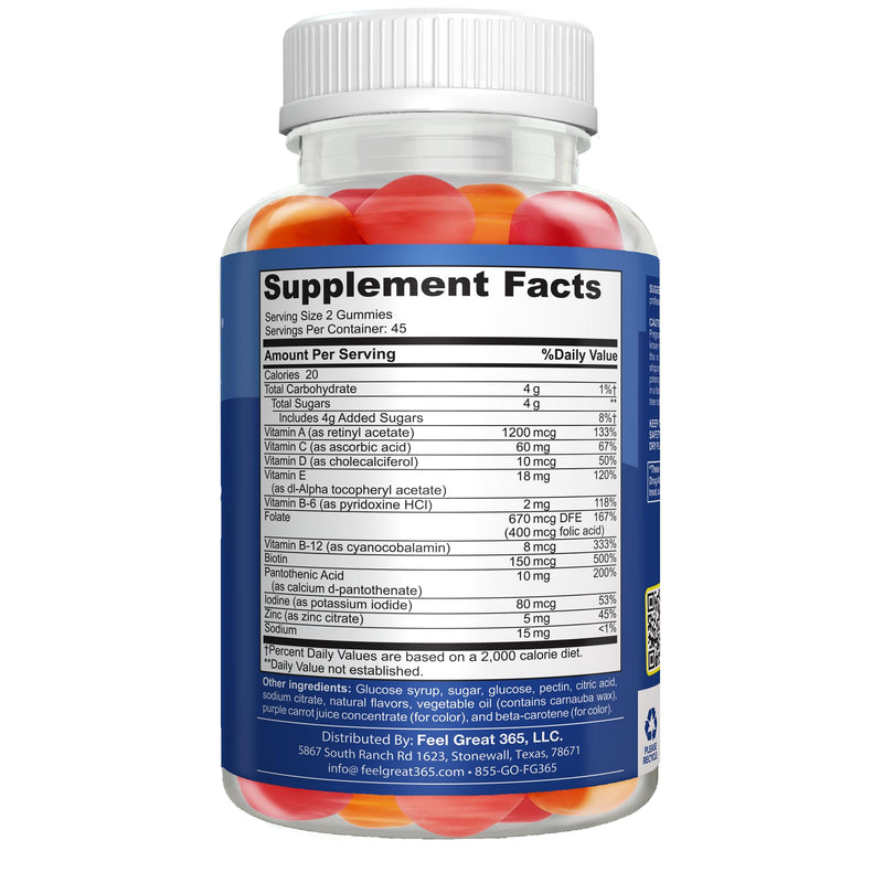 Feel Great Vitamin Co. Men's Multivitamin Gummies, Packed with Vitamin A, B-6, B-12, Biotin, C, D3, E, Iodine, Folic Acid, Zinc. Made in The USA. 45 Day Supply
