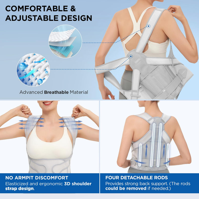 Vicorrect Posture Corrector for Women and Men: Back Support Brace Relieve Upper Back Shoulders Pain (Gray, Large) Gray