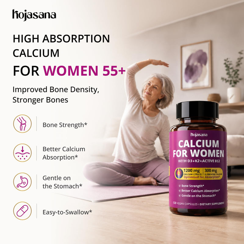 Calcium 1200 mg with Vitamin D3, Calcium Supplements for Women 55+ | High Absorption & Gentle Calcium Citrate with D3 K2 & Active B12 - Bone Density & Health, Non-GMO, Vegan, 120 Capsules