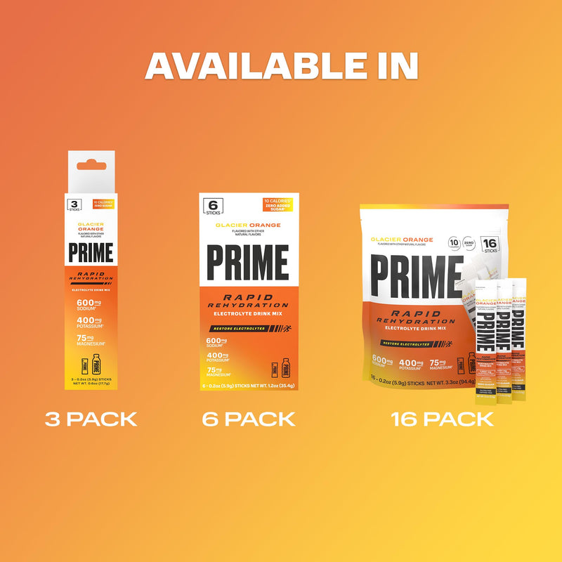 PRIME Rapid Rehydration Electrolyte Powder Sticks, Glacier Orange, Sugar Free Hydration Drink Mix with Sodium, Potassium, Magnesium & B Vitamins to Replenish Fluids, Caffeine Free, 16 Count