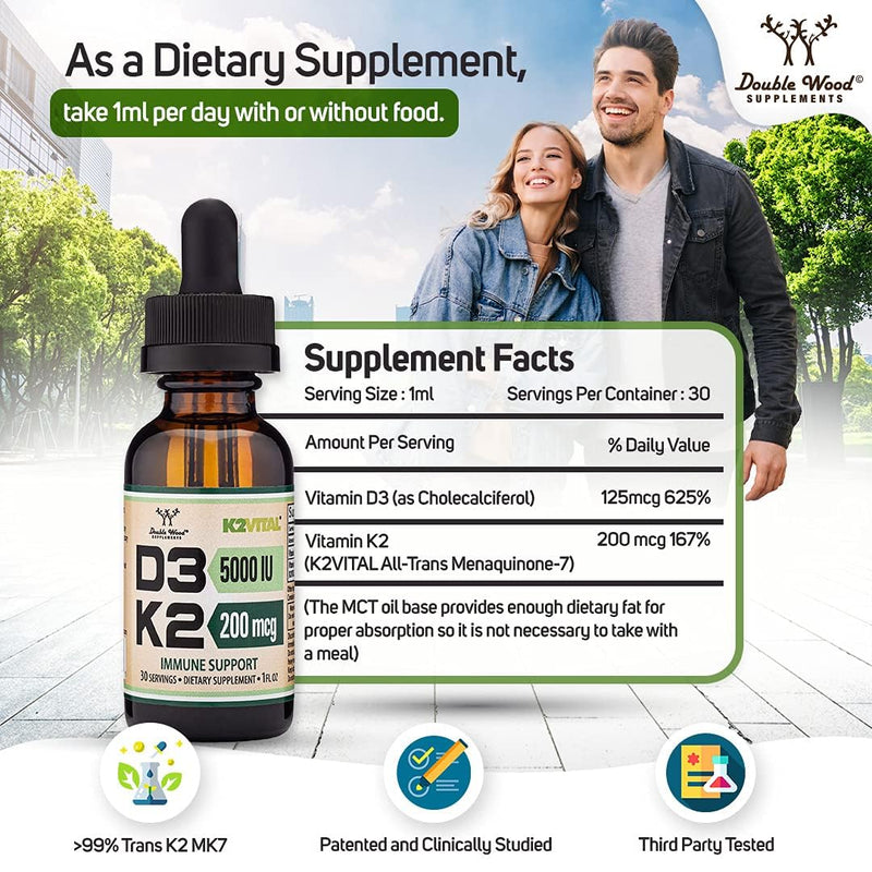Vitamin D3 K2 5,000 IU Liquid Drops (5,000 IU of D3 and 200mcg of 99.9% All-Trans Patented K2 MK-7 (K2Vital)) Max Absorption Liquid Vitamin D Drops (30 Servings) by Double Wood (Pack of 2) 1 Fl Oz (Pack of 2)