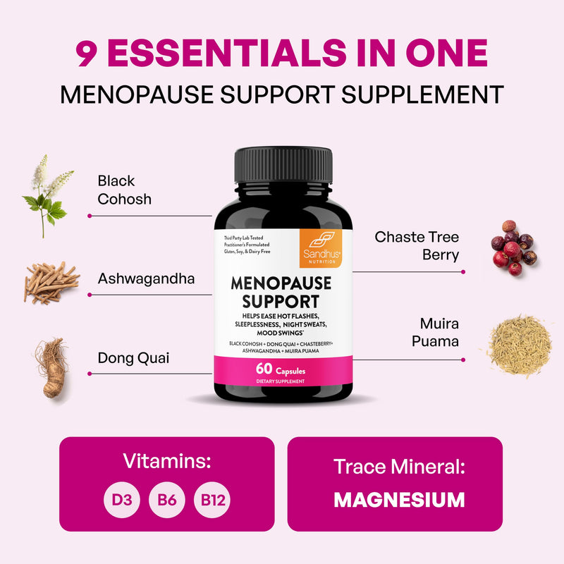 Menopause Support Supplements for Women, Black Cohosh Ashwagandha 180 Count | Vitamins D3, B6, B12, Magnesium, Dong Quai, Chaste Tree Berry, Gluten-Free Capsules, Made In USA Supplement By Sandhu's #1 Menopause Support 60 Count (Pack of 3)