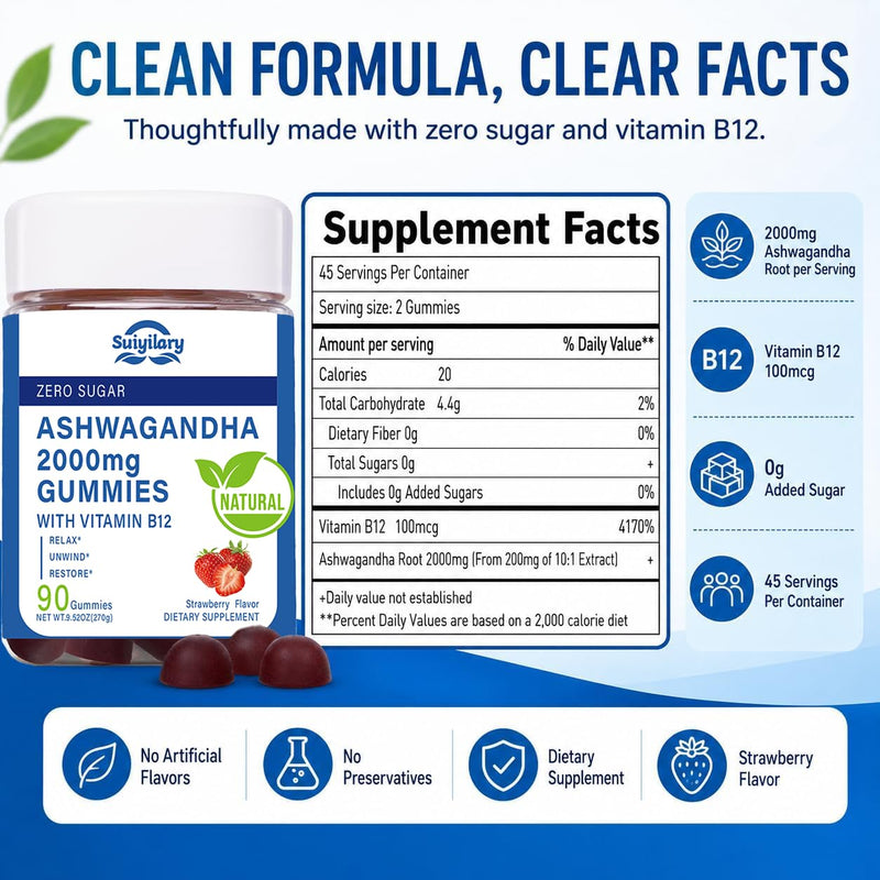 Suiyilary Ashwagandha Gummies 2000mg, Ashwagandha High Strength Root Extract Supplement with Vitamin B12 for Men Women, Strawberry Flavour 45 Days Supply 90 Gummies