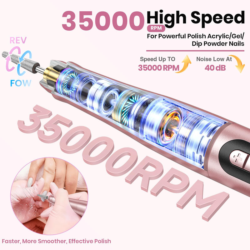 Cordless Nail Drill 35000RPM, Portable Electric Nail File for Acrylic Gel Nails, Professional Manicure Pedicure Kit, Rechargeable Pedicure Tools for feet with LCD Display, Low Noise Low Vibration Rose Gold - BeesActive Australia