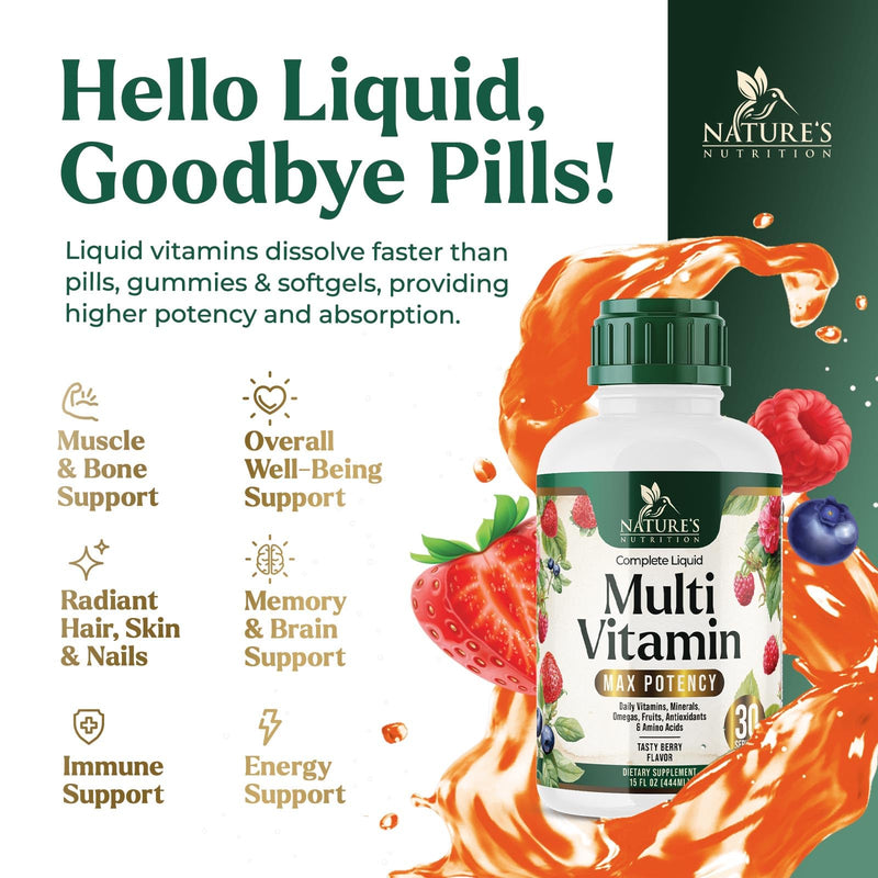 Liquid Multivitamin - Sugar Free Daily Multi Vitamin for Women, Men & Kids, Vitamins A, C, D, B-12, Biotin & Zinc - Supports Faster Hair Growth & Skin Wrinkles, Vegan, Non-GMO, Berry Flavor, 15 Fl Oz