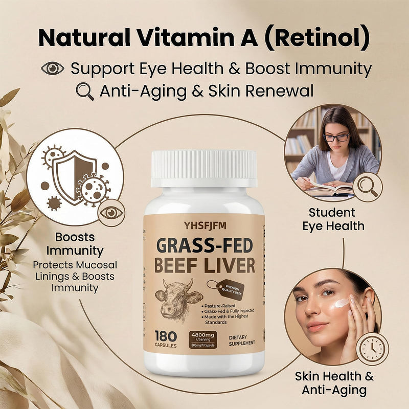Premium Grass-Fed Beef Liver Capsules 4800mg - 180 Count | Pasture Raised, Fully Inspected | Natural Iron, Vitamin A, B12 for Energy & Immune Support | Dietary Supplement 30 Days Supply