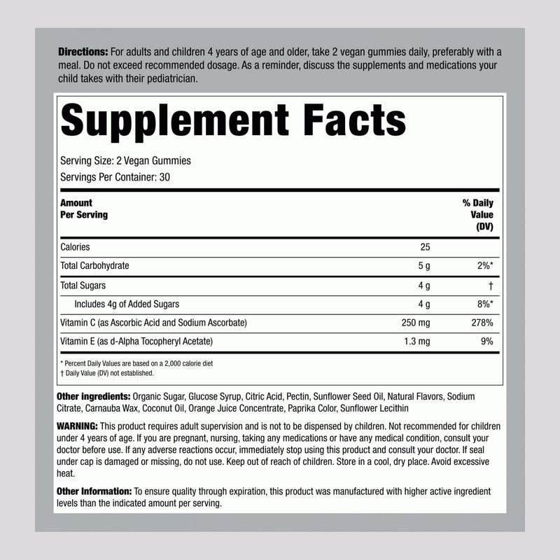 Piping Rock Vitamin C Gummies | 60 Count | Orange Flavor | with Vitamin E | Vegan, Non-GMO, and Gluten Free Supplement