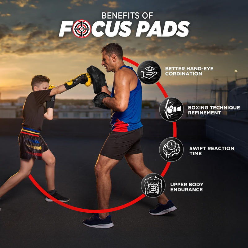 WYOX Boxing Focus Mitts & Punching Pads for Training | Curved PU Leather Hand Target for Muay Thai, Kickboxing, MMA, Karate & Taekwondo | Durable Strike Pads for Men & Women Plain Black