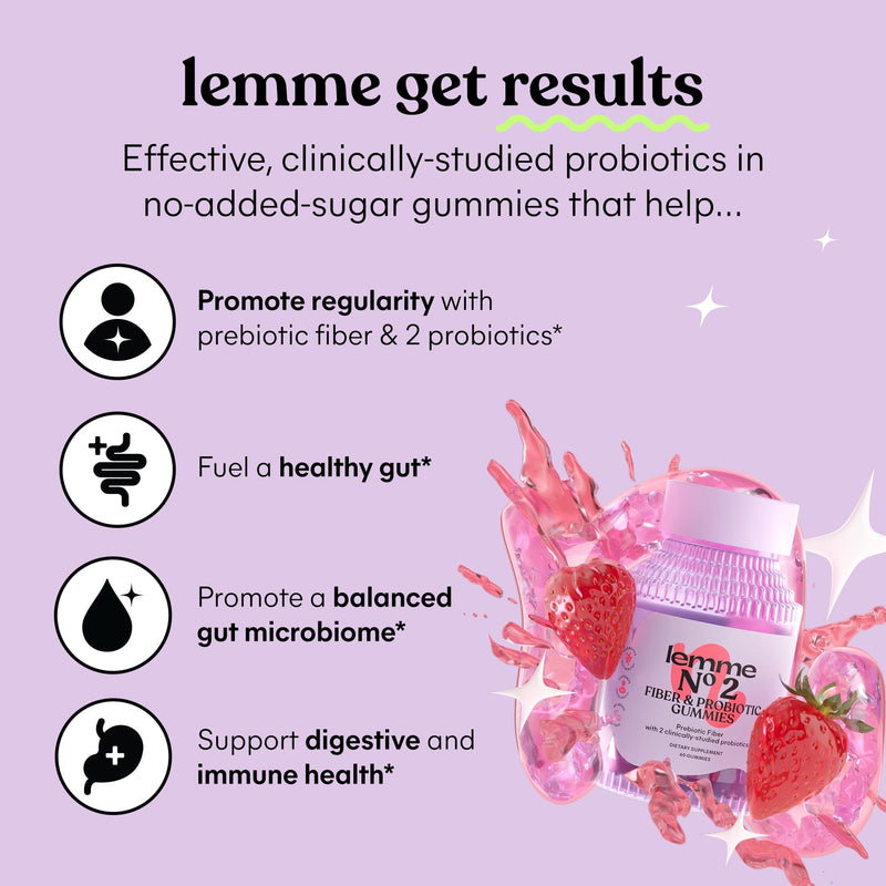 Lemme No. 2 Fiber & Probiotic Gummies for Adults, Promotes Regularity & Digestive Health, No Sugar Added Strawberry Flavor, 4g Prebiotic Fiber & Clinically Studied Probiotic Strains, (60 Count)