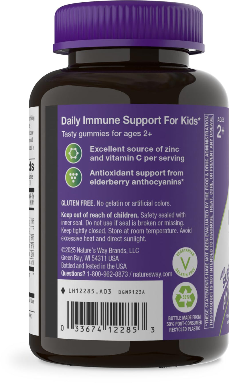 Nature's Way Sambucus Kids Elderberry Immune Gummies, Ages 2+, 60 ct x 3 | Daily Immune Support Gummy with Black Elderberry Extract, Vitamin C and Zinc, for Children Ages 2+*, Set of 3 60 Count (Pack of 3)