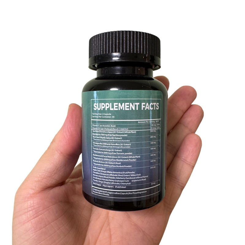 Sea Moss Black Seed Oil Ashwagandha Ginger Capsules with Turmeric Bladderwrack Burdock & Vitamin C Vitamin D3 with Elderberry Manuka Dandelion Yellow Dock Iodine Chlorophyll ACV