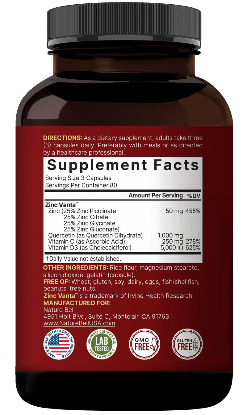 NatureBell Zinc Quercetin with Vitamin C & D3, 480 Capsules (2 Pack) | Quercetin 1,000mg + Zinc 50mg + Vitamin C 250mg + Vitamin D3 5,000 IU | 4-in-1 Advanced Immune & Lung Support | ZincVanta Formula 240 Count (Pack of 2)