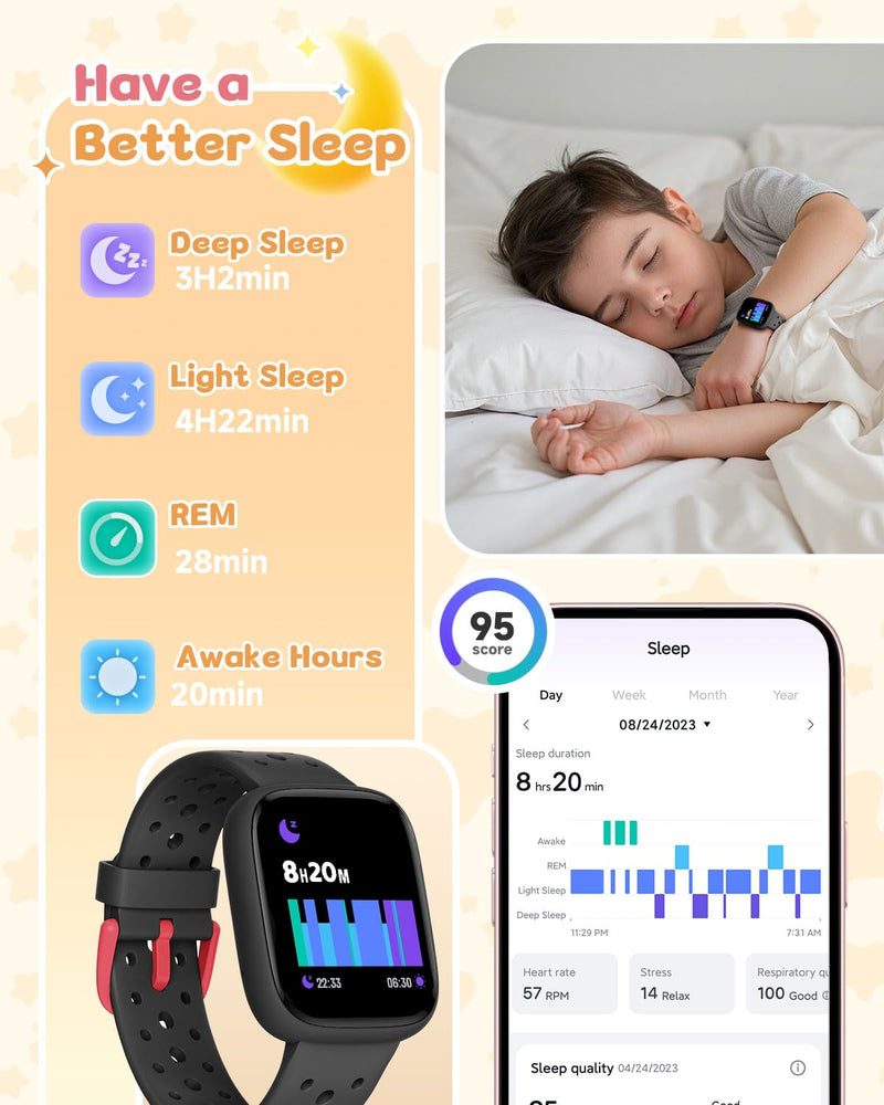 Kids Watch for Boys 5-12, Kids Smart Watch Fitness Tracker Pedometer, No Phone Needed, Puzzle Games with Parental Control, IP68 Waterproof, Heart Rate, Sleep Monitor, Step Counter, 80 Sports Black