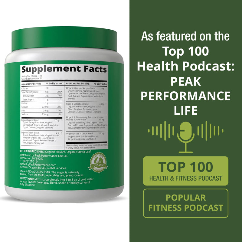 Peak Performance Organic Greens Superfood Powder. Best Tasting Super Greens Powder with 25+ Organic Ingredients for Max Energy and Athletic Performance. Vegan Keto Green Juice Daily Drink Original Greens - BeesActive Australia