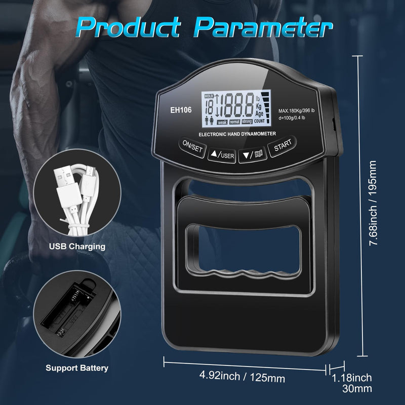 396lbs / 180kg Grip Strength Tester Trainer - Dynamometer Handgrip Measurer Meter with LCD Display, Handheld Strengthener Exerciser for Sports, School, and Home Use (396Lbs / 180Kgs)