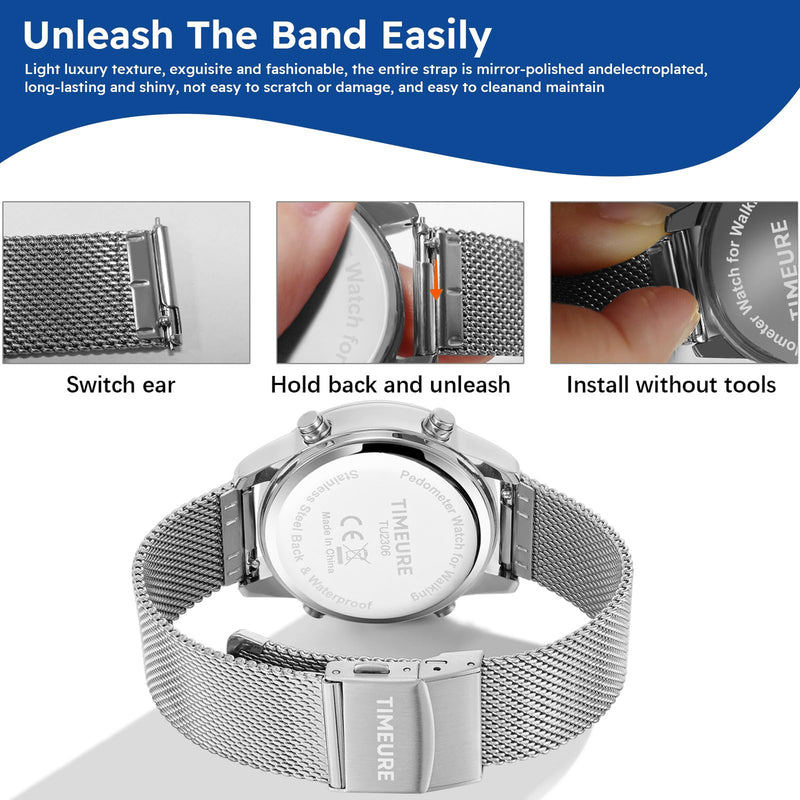 Men's Pedometer Watch with Stainless Steel Bracelet,Step Counter Watch No App, No Charging Needed for Ourdoor Walking, Calorie, Distance, Alarm, Countdown Timer Watch TU-2306B TIMEURE BLACK - BeesActive Australia