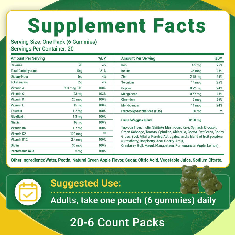 Greens Daily Gummies, Super Greens Multivitamin Gummy for Women and Men | Superfood Gummies with Spirulina, Chlorella, Adaptogens,Fruits, Vegetables, Support Digestion Gut Health - 20 Servings